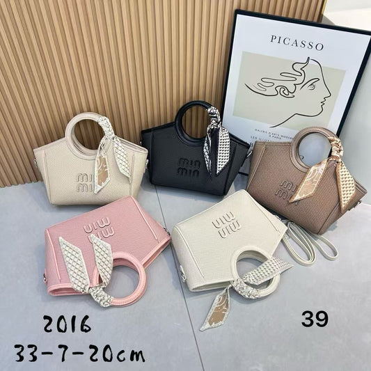 Designer Tote Bag with Woven Handle & Scarf Detail