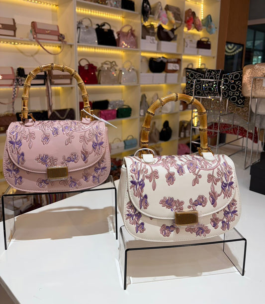 Embroidered Floral Bag with Bamboo Handle